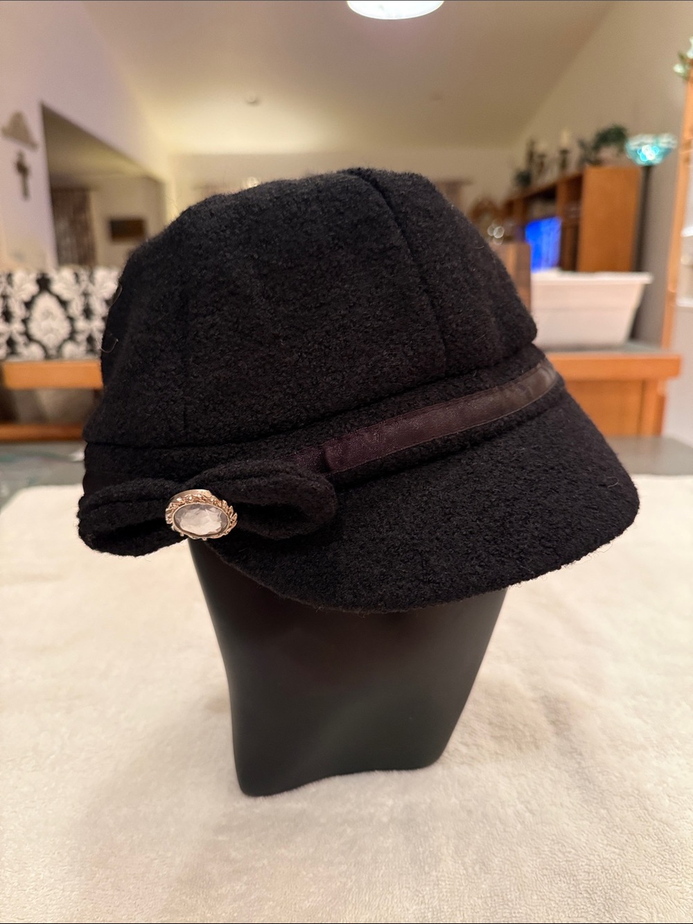 Scala Black Wool-Blend Women's Cap with Jewel Button Accent